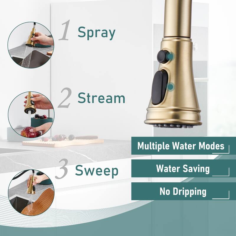 Clihome 3-Function Stainless PullDown Kitchen Heritage Bridge Faucet