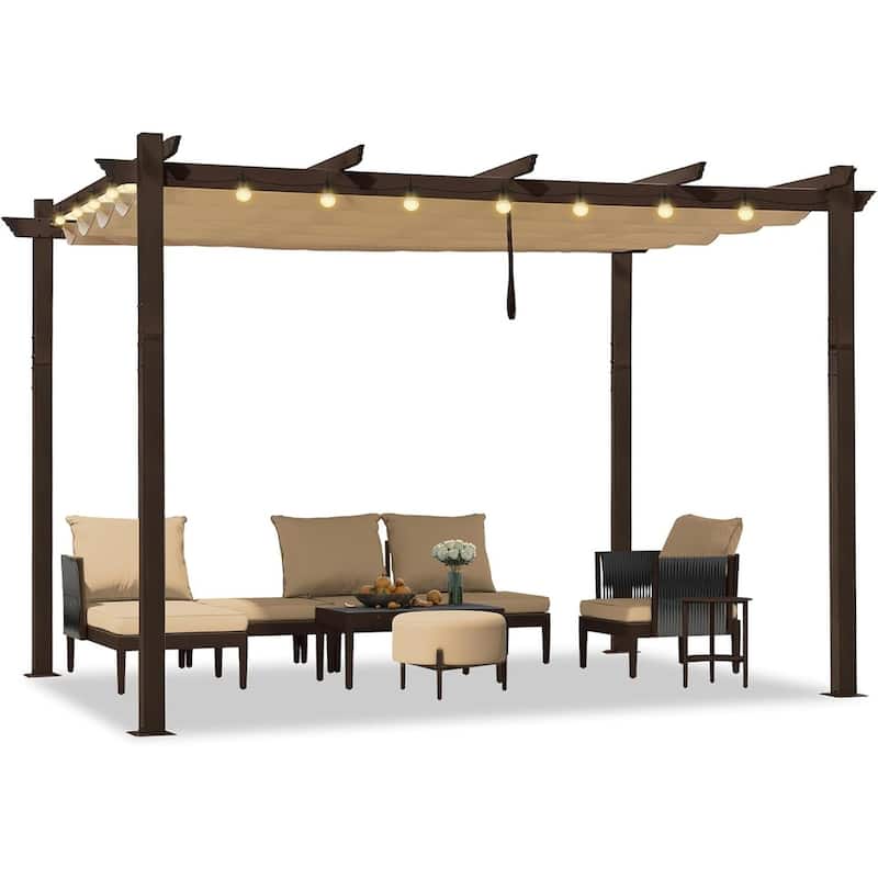 PURPLE LEAF Outdoor Retractable Bronze Metal Pergola w Canopy for Beach Deck Gazebo - 10ft x 12ft(String Light ) - Beige Canopy