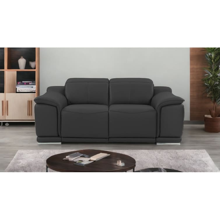 HomeRoots 72" Gray And Silver Italian Leather Power Reclining Loveseat - Gray