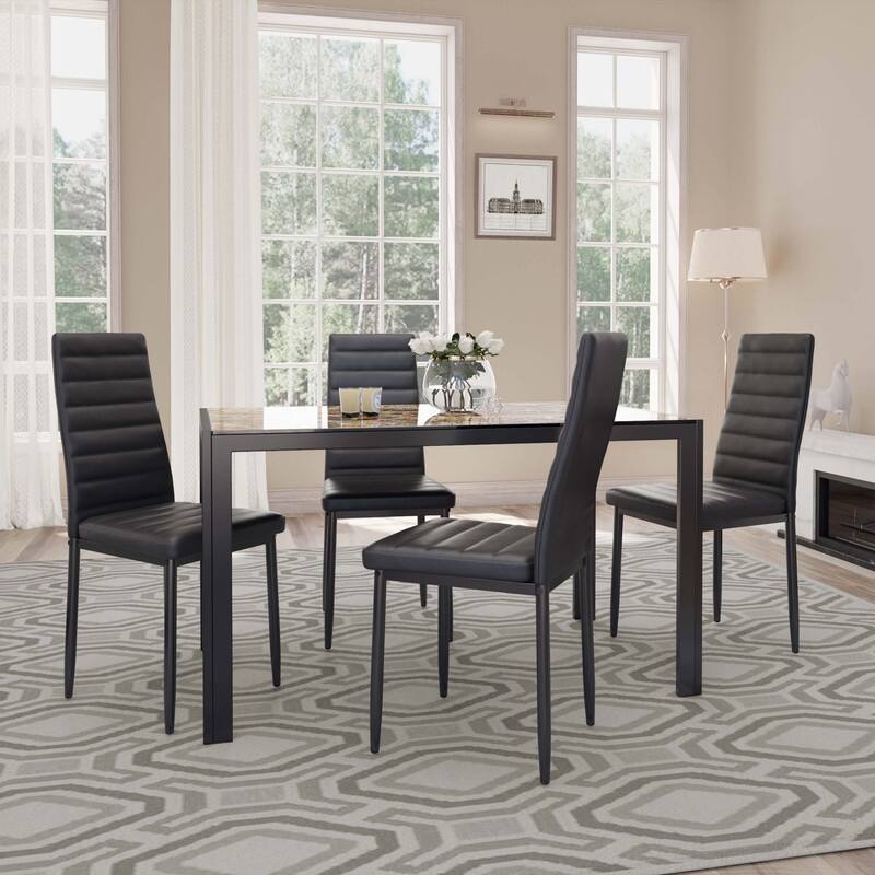 5 Pieces Glass Dining Table Set, 4 Person Modern Home Kitchen Chairs with High Back PU Leather Dining Chairs