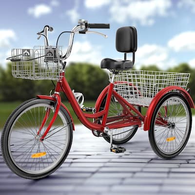 26" Blue Adult Tricycle 3 Wheel Bikes with Removable Baskets