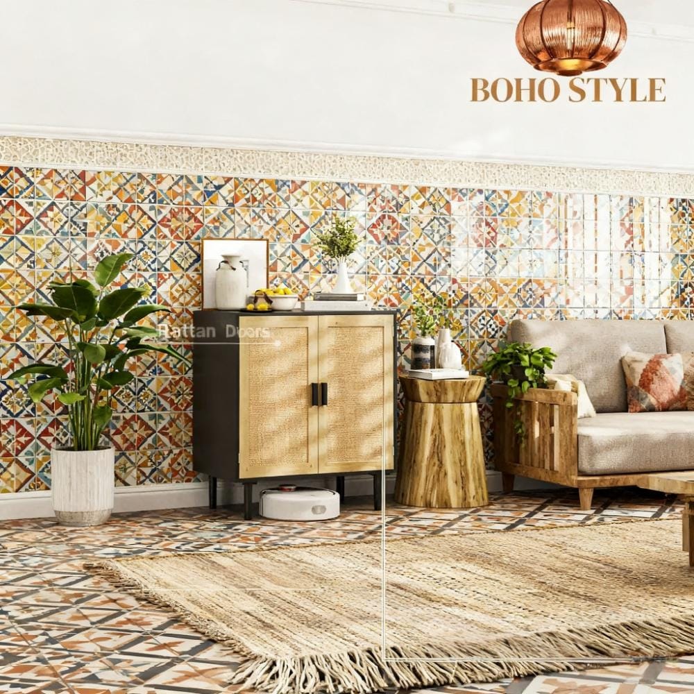 31.5 Inch Buffet Cabinet With Two Rattan Doors And Shelves Sideboard