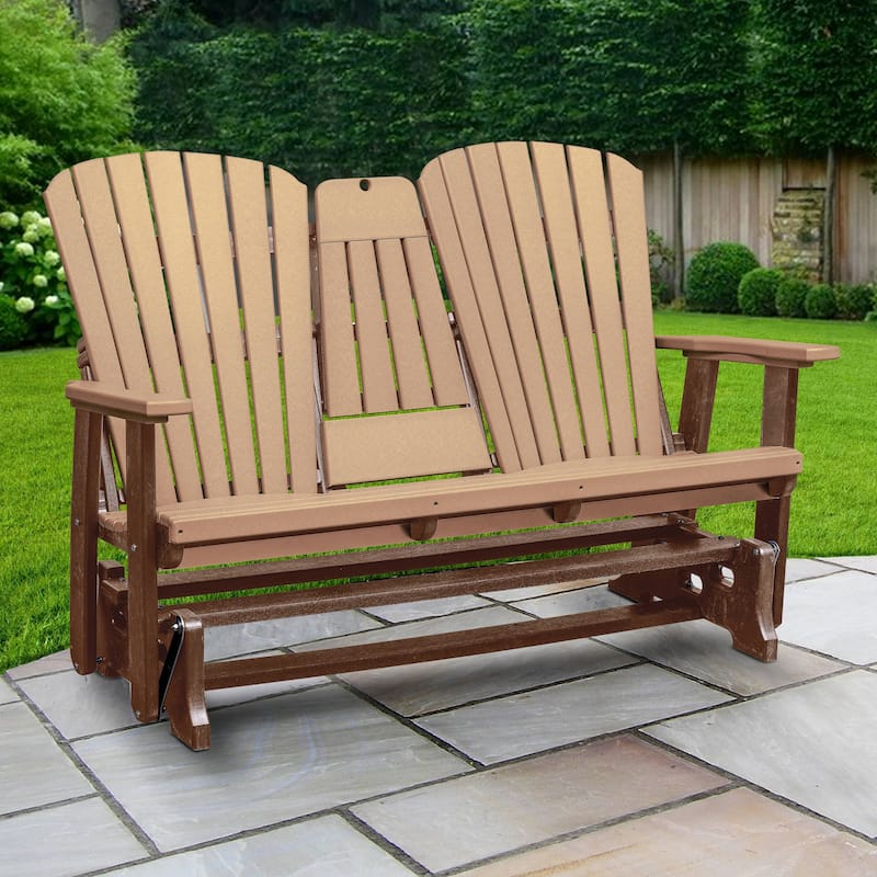 American Furniture Classics Two Seat Fan Back Glider with Drop Down Table/Cup Holder - N/A - Cedar on Tudor Brown