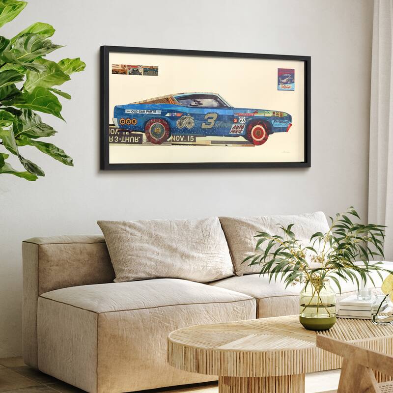 "Muscle Blue Car" Dimensional Collage Framed Graphic Glass Wall Art