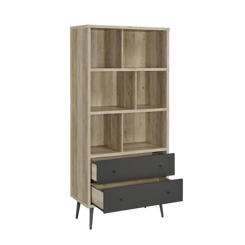 With 2 Drawers and 3 Shelves Wood Bookcase in Antique Pine and Grey