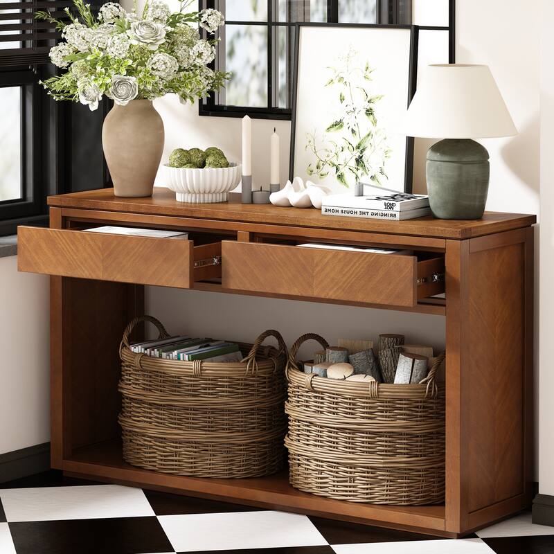 55" Console Table, Rustic Wooden Entryway Table Sofa Table with Storage Drawers and Open Storage Shelf, Hallway Tables Honey