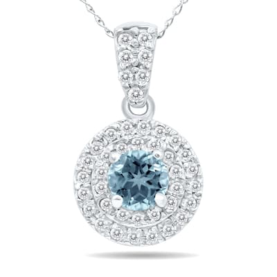 Marquee 3/4 Carat TW Double Halo Aquamarine And Diamond Pendant in 10K White Gold