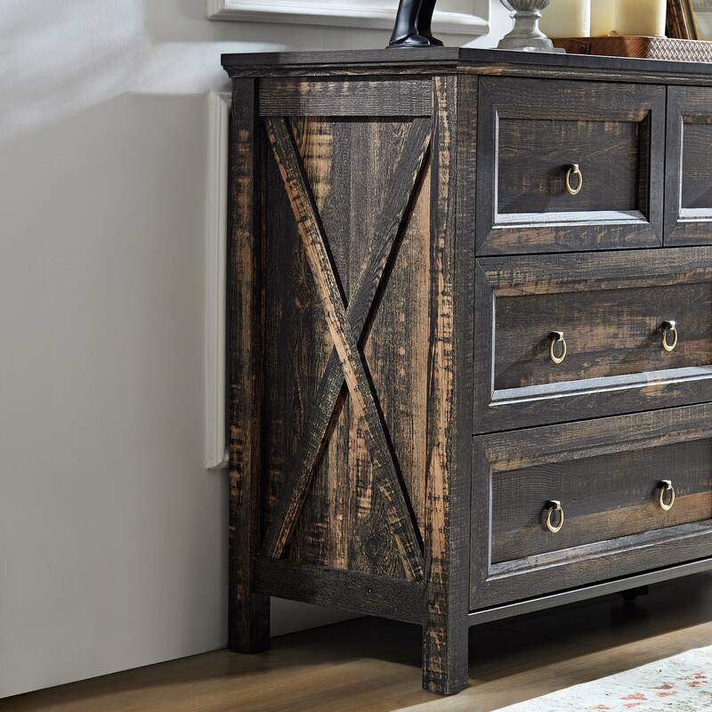 Farmhouse Style 7-Drawer Horizontal Dresser with Rustic Wood Wide Finish and Metal Ring Handle