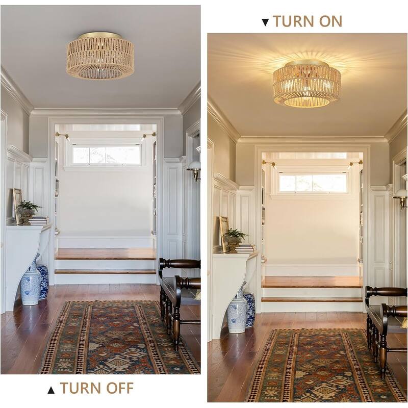 Light Fixtures Ceiling Mount, 3-Light Farmhouse Rattan Ceiling Light Fixture, Flush Mount Ceiling Light with Hand-Woven Shade