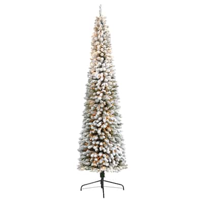 9’ Pre-Lit Pencil Flocked Artificial Christmas Tree, Clear LED Lights - 9 Foot