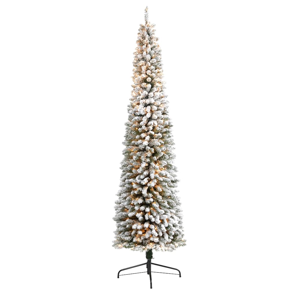 9’ Pre-Lit Pencil Flocked Artificial Christmas Tree, Clear LED Lights - 9 Foot