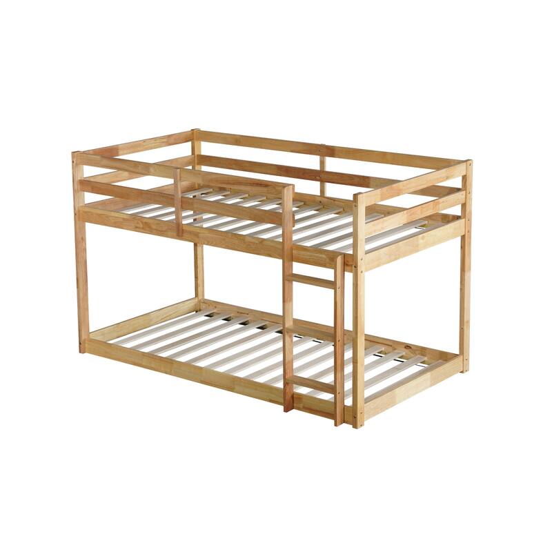 Roomfitters Solid Rubber Wood Twin over Twin Floor Bunk Bed with Ladder, Reinforced Slat Platforms, Low Height Design