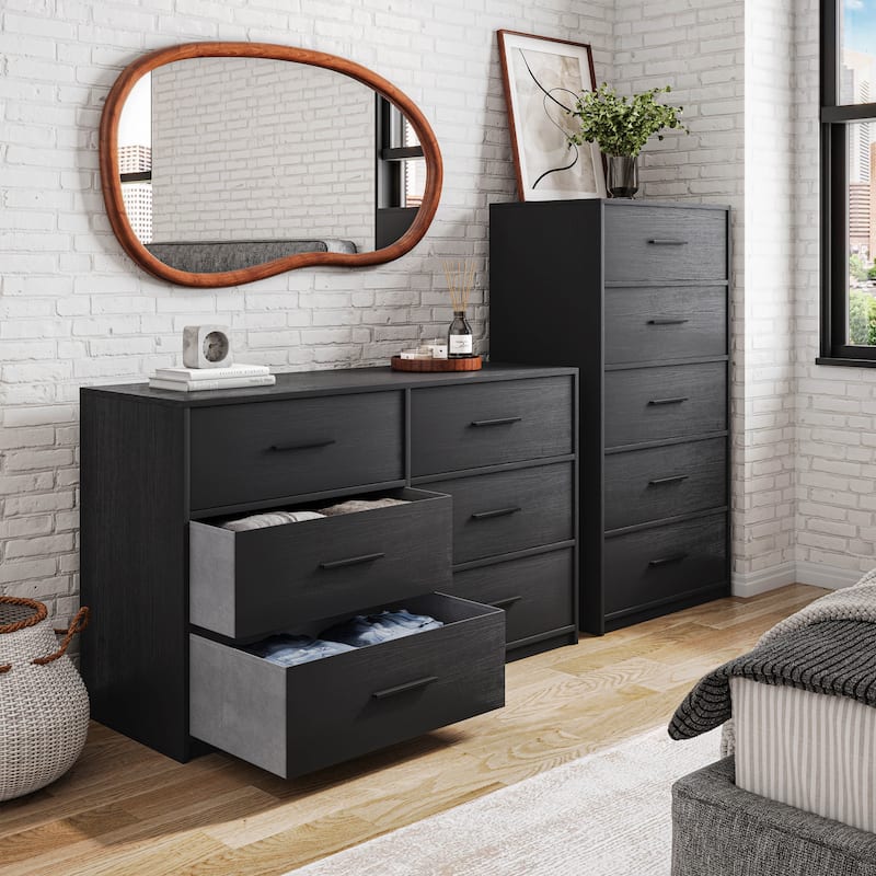 5 Drawer Fabric Dresser MDF Frame Modern Bedroom Storage Lightweight Design - Black