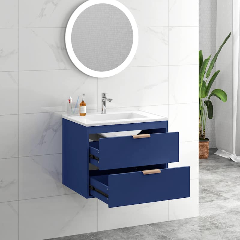24" Floating Wall Mounted Bathroom Vanity With White Ceramic Sink And Drawer Storage