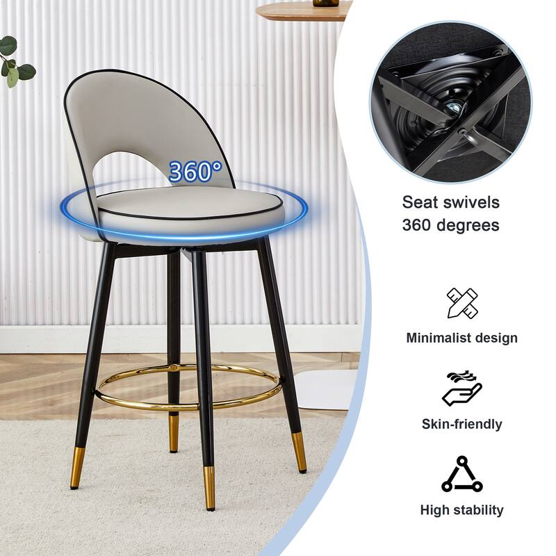 360°Rotatable Bar Chair, Modern Pu Comfortable Upholstered Bar Chair With Metal Legs For Dining Room, Kitchen, Set Of 2