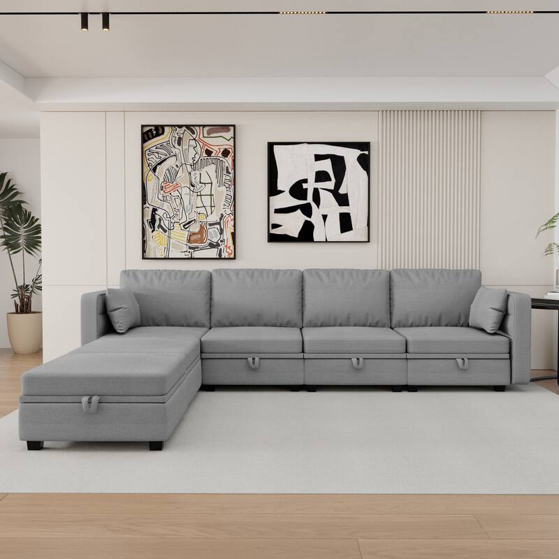 6-Seat U-Shaped Modular Reversible Sectional Sofa with Storage Ottoman - Grey