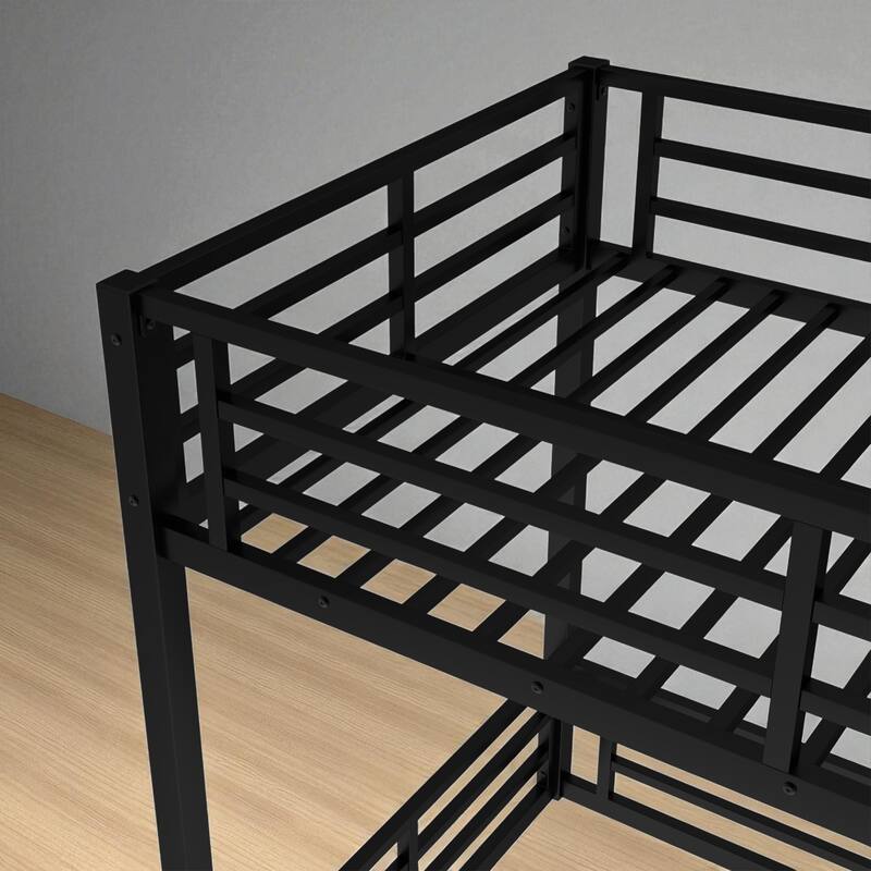 Metal Bunk Bed Twin XL/Full XL Over Full XL, Floor Bunk Frame with Guardrails, Heavy-Duty Noise-Free Design