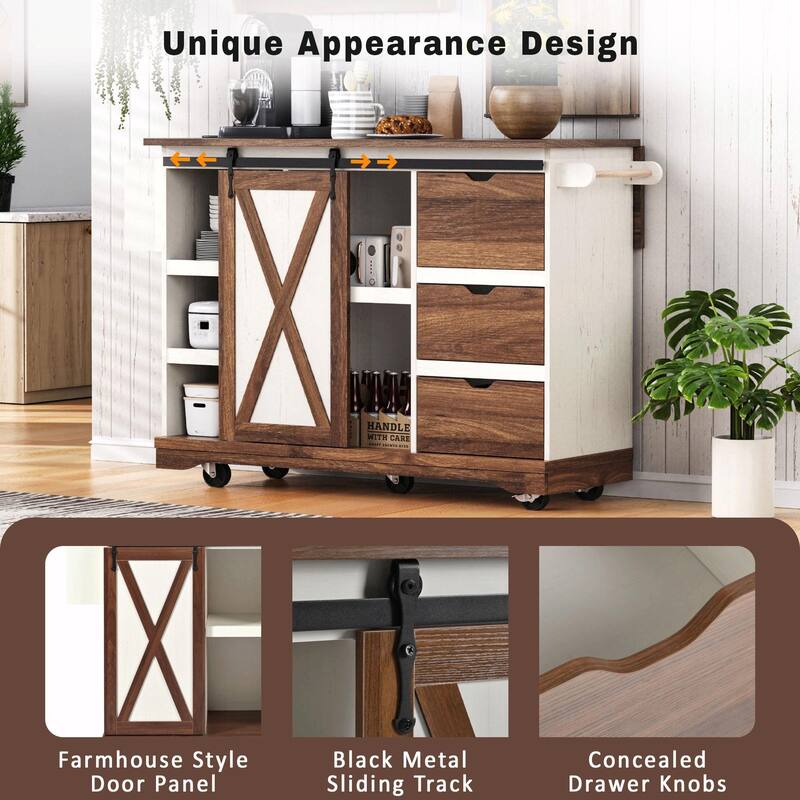 55.5" Farmhouse Kitchen Island with Drop Leaf, Barn Door Storage, Power Outlet