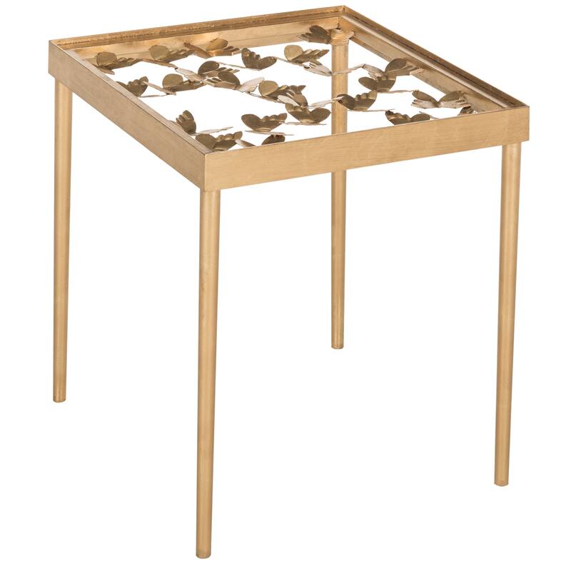 SAFAVIEH Rosalie Antique Gold Leaf Side Table 18" x 18" x 21.5" Bed
