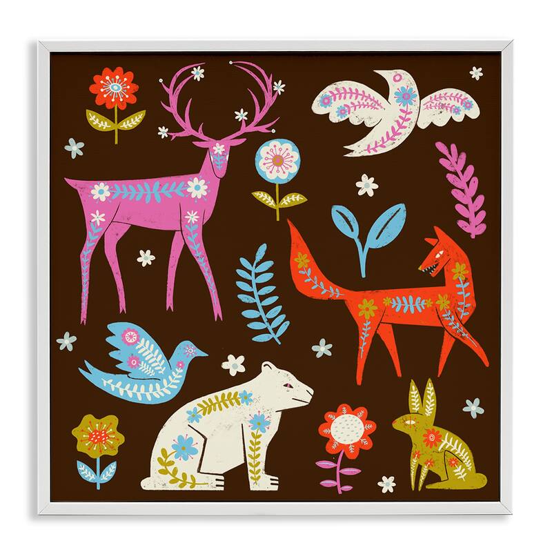 Stupell Forest Folk Animals with Florals Framed Giclee Art Design By Hannah Moren - 17 x 17 - White