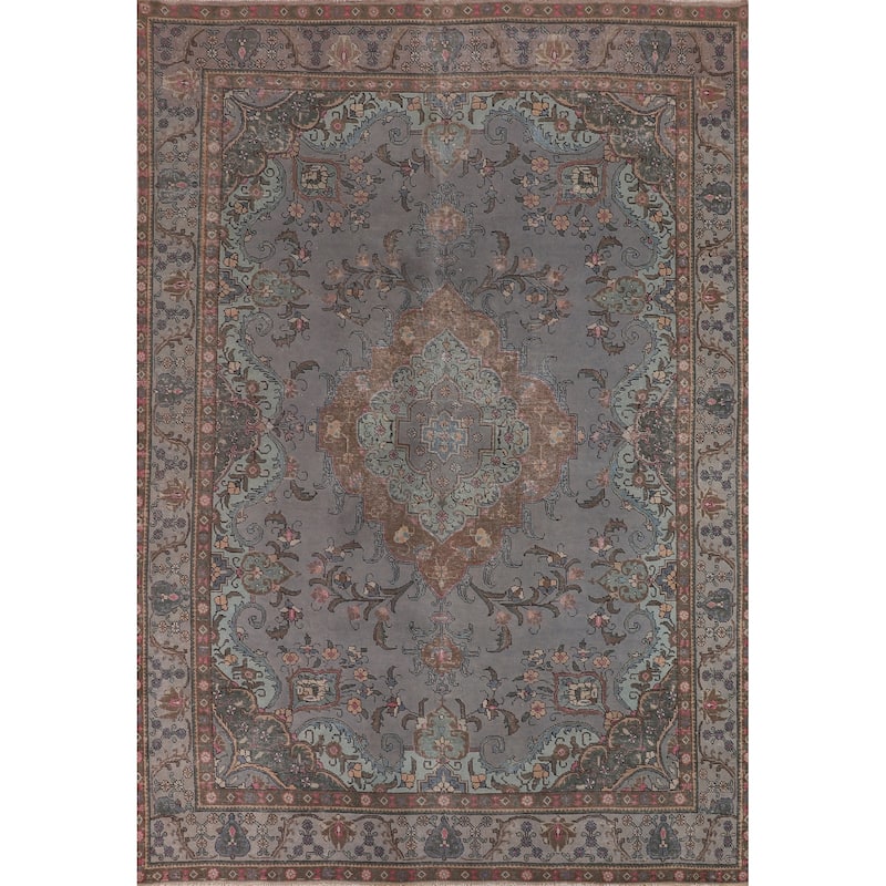 Overdyed Blue Tabriz Persian Vintage Rug Hand-Knotted Wool Carpet - 9'6"x 12'8"