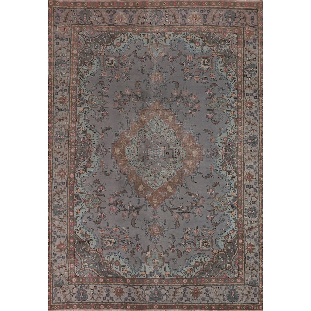 Overdyed Blue Tabriz Persian Vintage Rug Hand-Knotted Wool Carpet - 9'6"x 12'8"