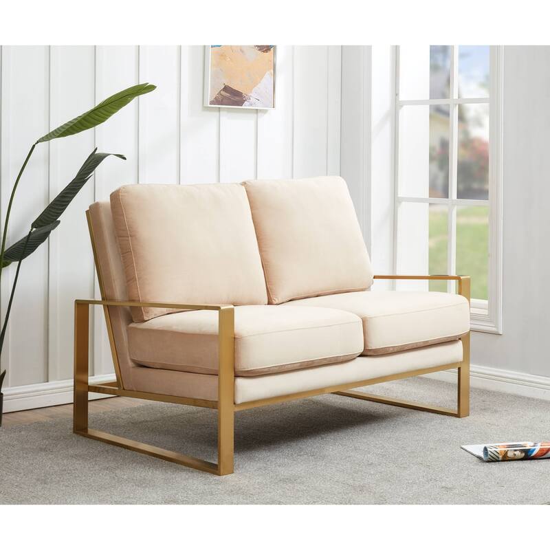 Jefferson Modern Leather/Velvet Loveseat Sofa with Silver/Gold Frame, Removable Cushions Couch for Home and Office