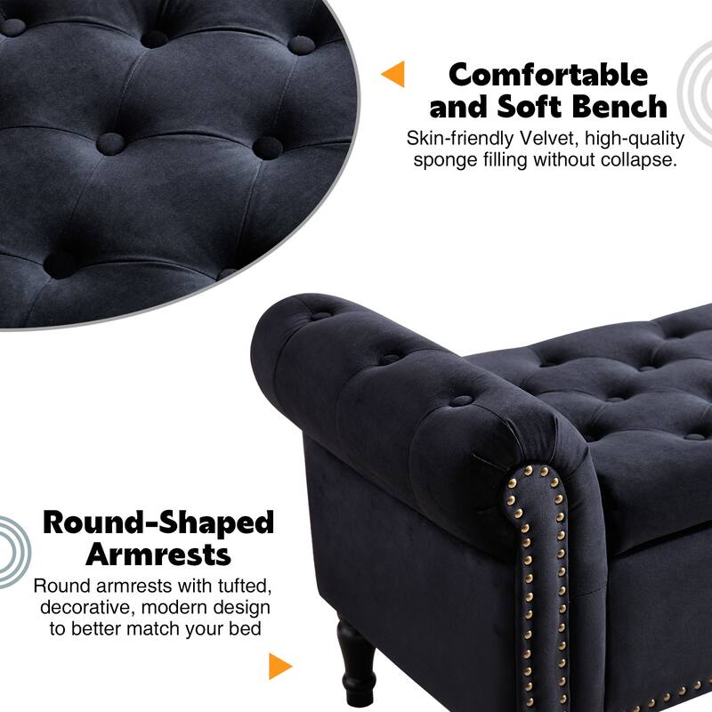 67" Velvet or PU Tufted Storage Bench for Bedroom End of Bed with Roll Arms