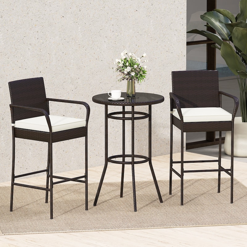 Outdoor Patio Bar Set 2 Barstools 1 Table PE Wicker Metal Frame Cushioned Backyard Furniture - 17.5" W x 21" D x 46" H