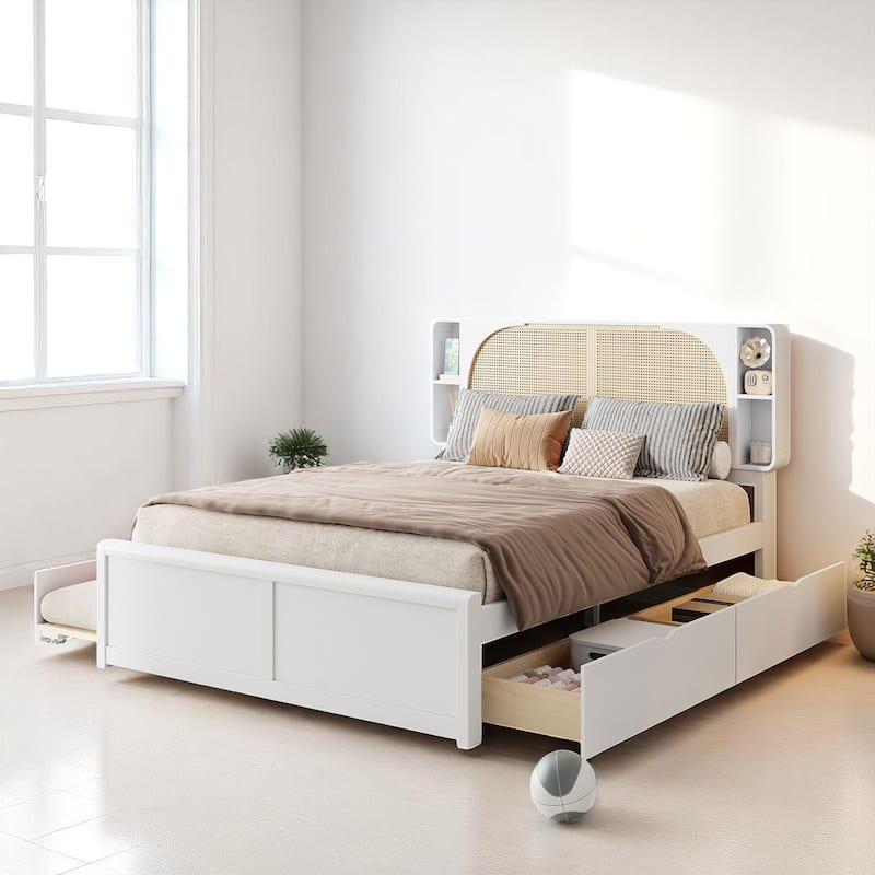 Modern Full/Queen Size Murphy Bed with Dual Shelves, Fold-Up Wall Bed Cabinet with Mattress Support Slats - White - Full