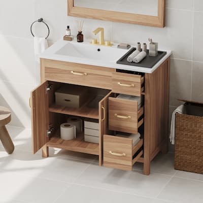 36" Wood Bathroom Vanity with Solid Wood Frame, 2 Soft Close Doors, 3 Soft Close Drawers, Adjustable Shelf, Small Bathrooms