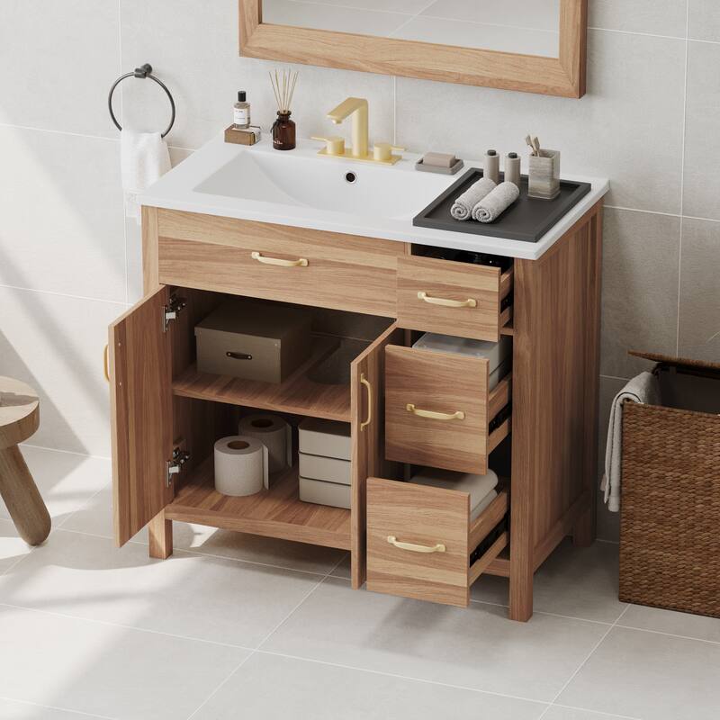 Solid Wood Frame Bathroom Vanity Cabinet with Undermount Ceramic Sink, 3 Drawers & Adjustable Shelf for Small Bathrooms, 36 Inch