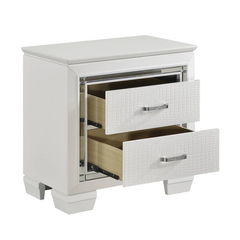 Glamorous White Nightstand, 2 Drawers, Faux Alligator Embossed Textured Front - White