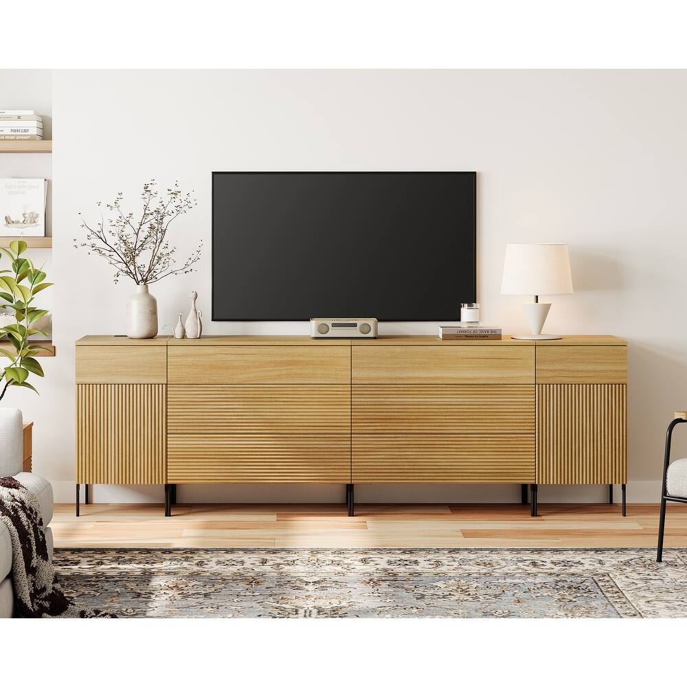 94.5" Long Modern Reeded Dresser TV Stand With Drawers, Entertainment Center With Charging Station