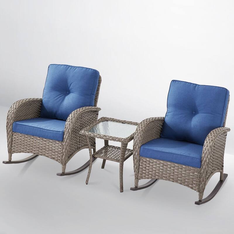 PlainCurve 3-Piece Wicker Outdoor Patio Conversation Set with Rocking Chairs and Olefin Cushions