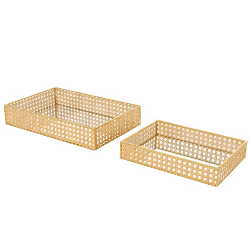 Brown Rattan Woven Living Room Decor Tray with Mirrored Glass Interior (Set of 2)