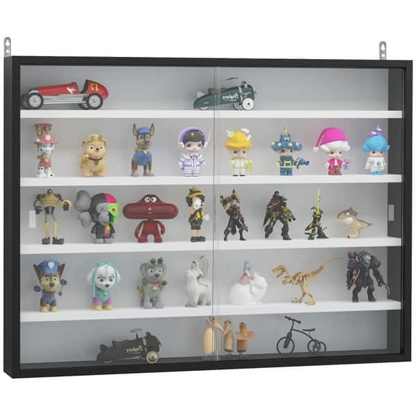 slide 2 of 6, Wall Mounted Display Cabinet with Glass Sliding Doors and Adjustable Shelves - 31.5" W x 3.75" D x 23.5" H Black-White
