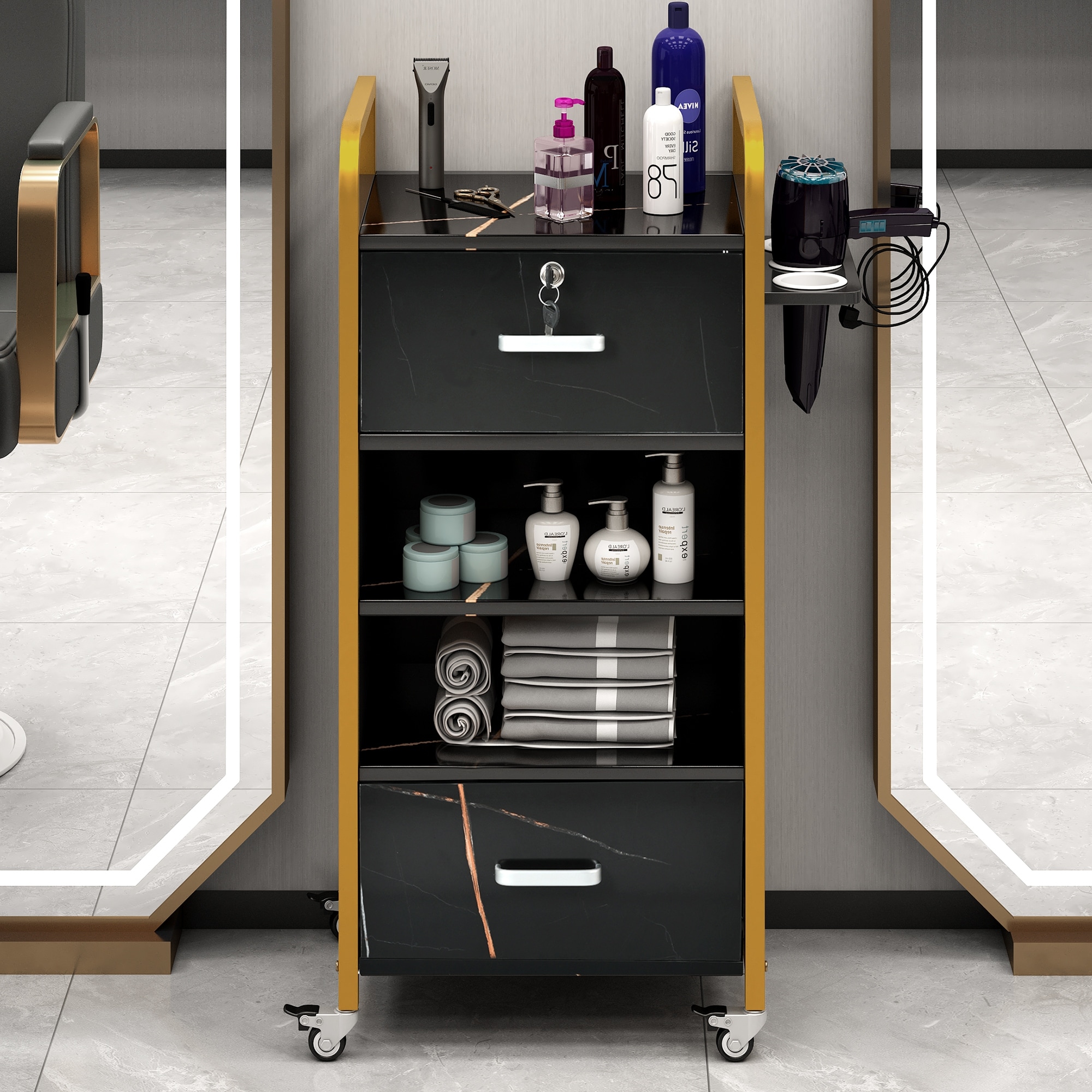 Storage Cabinet with 3 Hair Dryer Holder 2 Drawers for Beauty Spa Barber Shop Gold Black