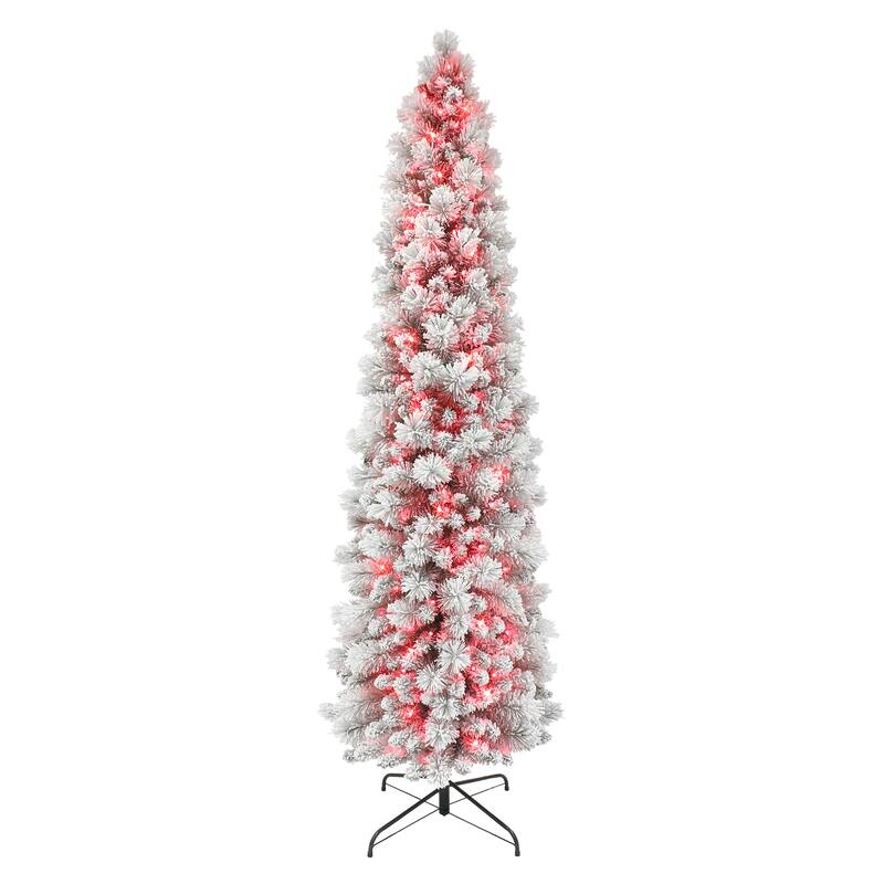 Puleo International 7.5 ft. Pre-Lit Flocked Portland Pine Artificial Pencil Tree - Green
