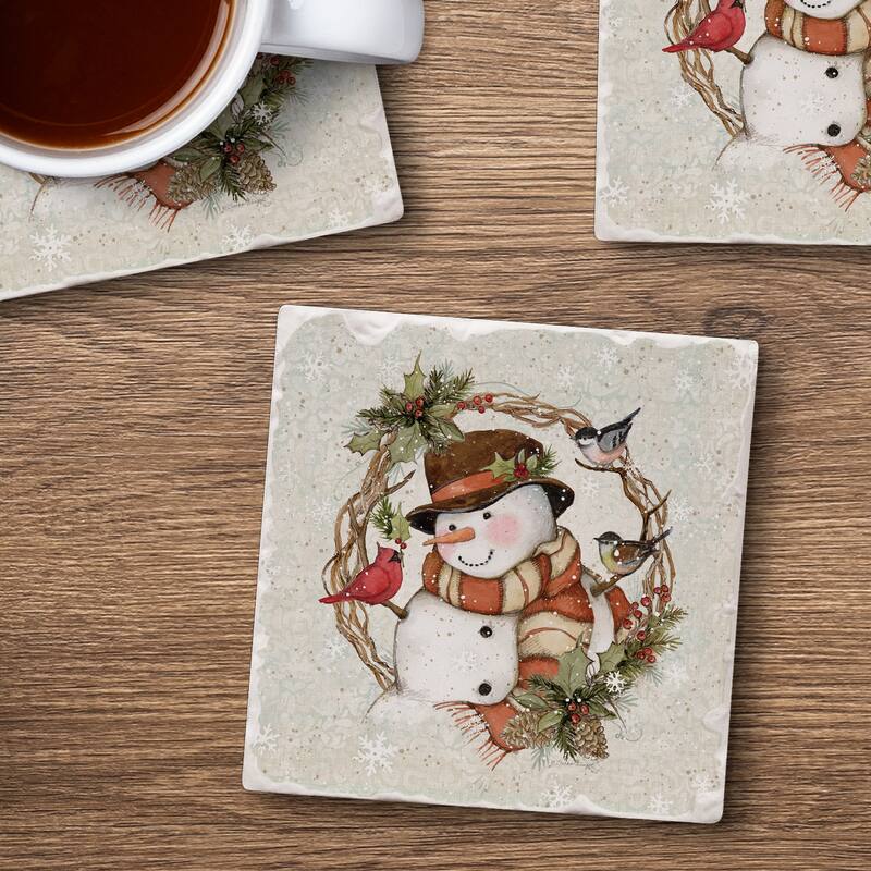 Absorbent Stone Beverage Coasters - Set of 4 - - Winter Forest Snowman - Multi-64
