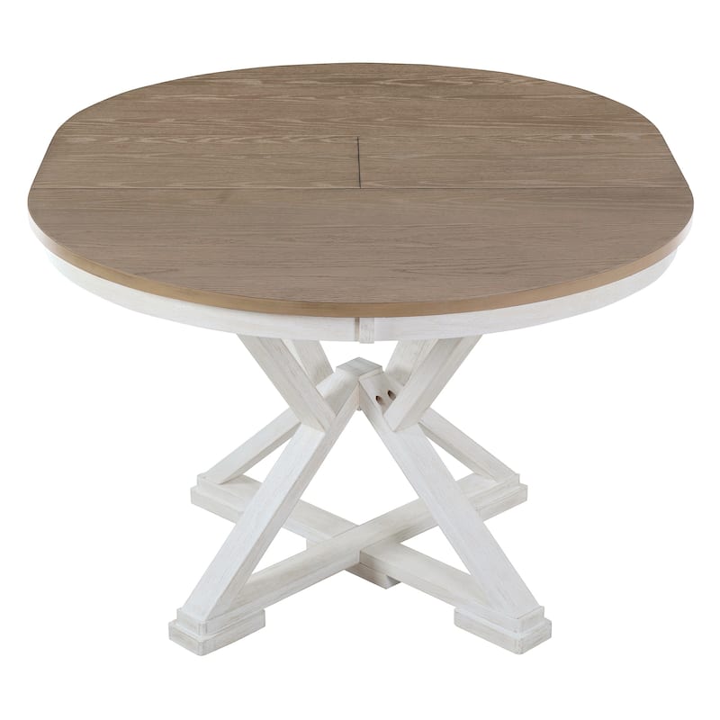 Retro 5-Piece Dining Table Set with Extendable Round Table and Upholstered Chairs for Dining Room