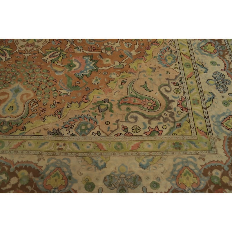 Hand Knotted Oriental 100% Wool Carpet Traditional Floral Oranges & Rust Tabriz Area Rug - 12' 10'' X 9' 9''