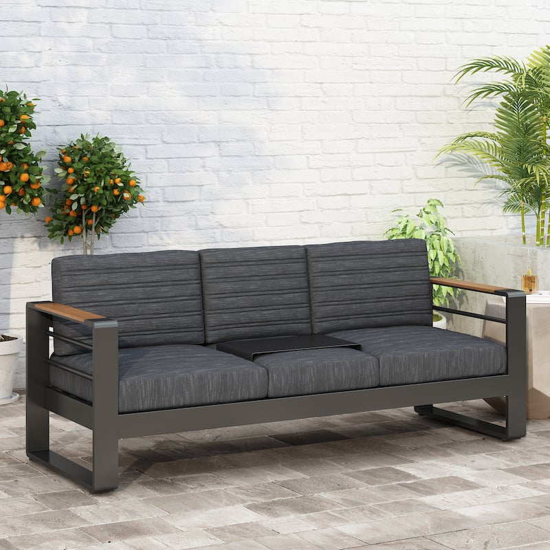 Giovanna Outdoor Black Aluminum Sofa with Charcoal Cushions by Christopher Knight Home - Black + Natural + Dark Gray