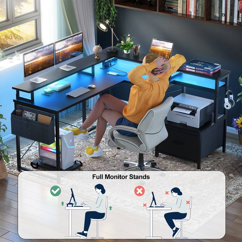 L Shaped Desk with File Drawer and Printer Stand, Reversible Corner Computer Desk with Power Outlet and LED Strip