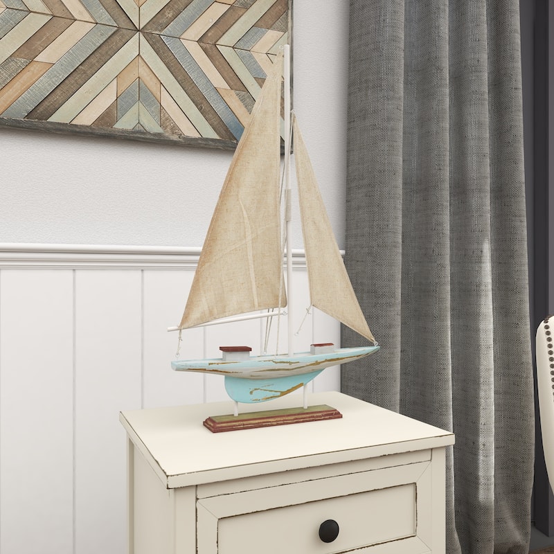 Blue Wood Distressed Sail Boat Decorative Sculpture with Cream Linen Sails and Brown Accents