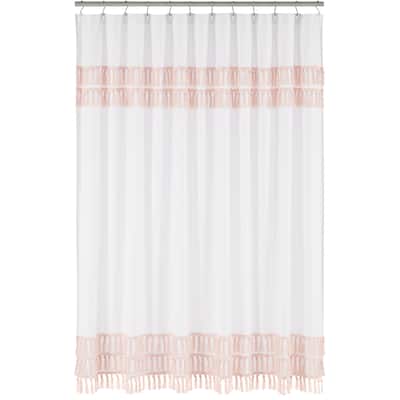 Boho Bohemian Bathroom Fabric Bath Shower Curtain - Blush Pink and White Farmhouse Shabby Chic Designer Modern Minimalist Fringe
