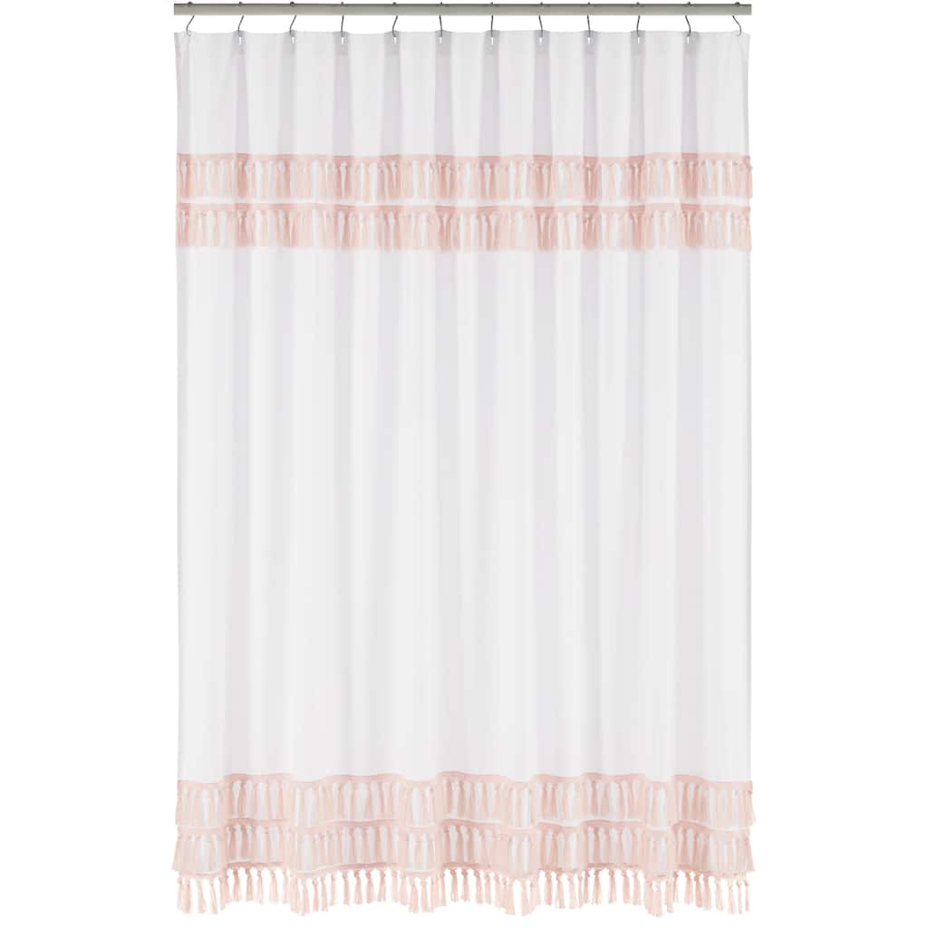 Boho Bohemian Bathroom Fabric Bath Shower Curtain - Blush Pink and White Farmhouse Shabby Chic Designer Modern Minimalist Fringe