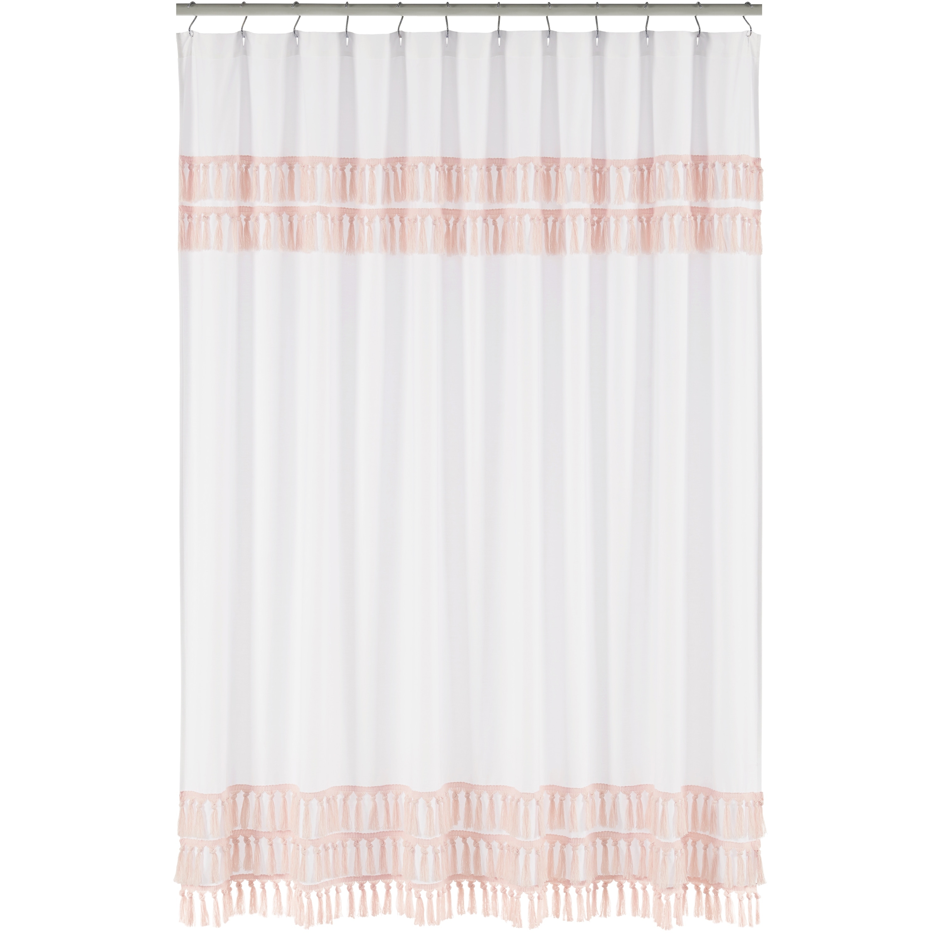 Boho Bohemian Bathroom Fabric Bath Shower Curtain - Blush Pink and White Farmhouse Shabby Chic Designer Modern Minimalist Fringe
