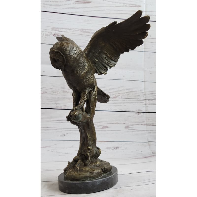 Bronze Marble Base Owl Bird Sculpture Statue Figure Art Decor Hot Cast Figurine