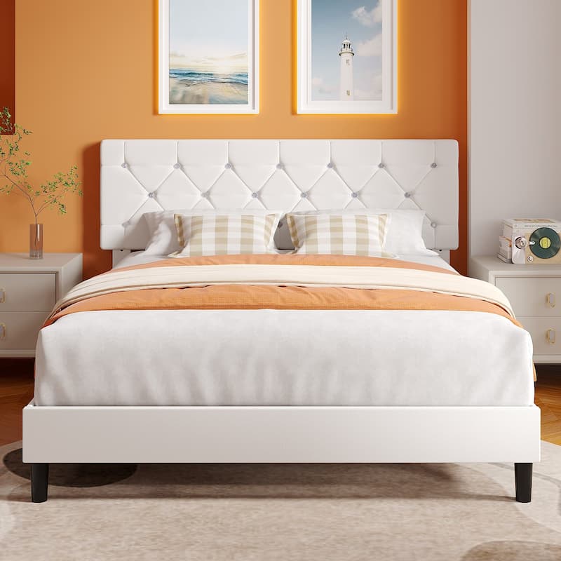 VECELO Upholstered Beds With Diamond Tufted Headboard Platform Bed Frame 7.9'' Under Bed Space - White - Full